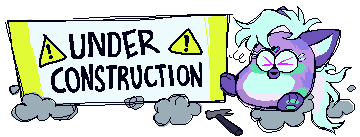 Purple and mint colored furby, flopping next to an 'under construction' sign